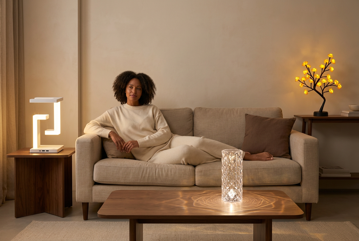 Glowmart cosy lighting banner with an understated lifestyle model and three featured lamps